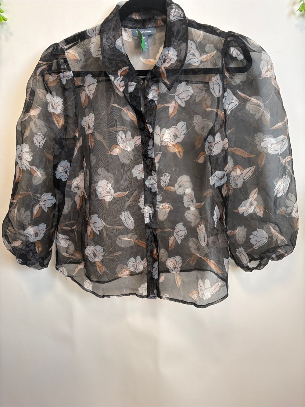 Modcloth Black Sheer Floral Puff-Sleeve Button Blouse